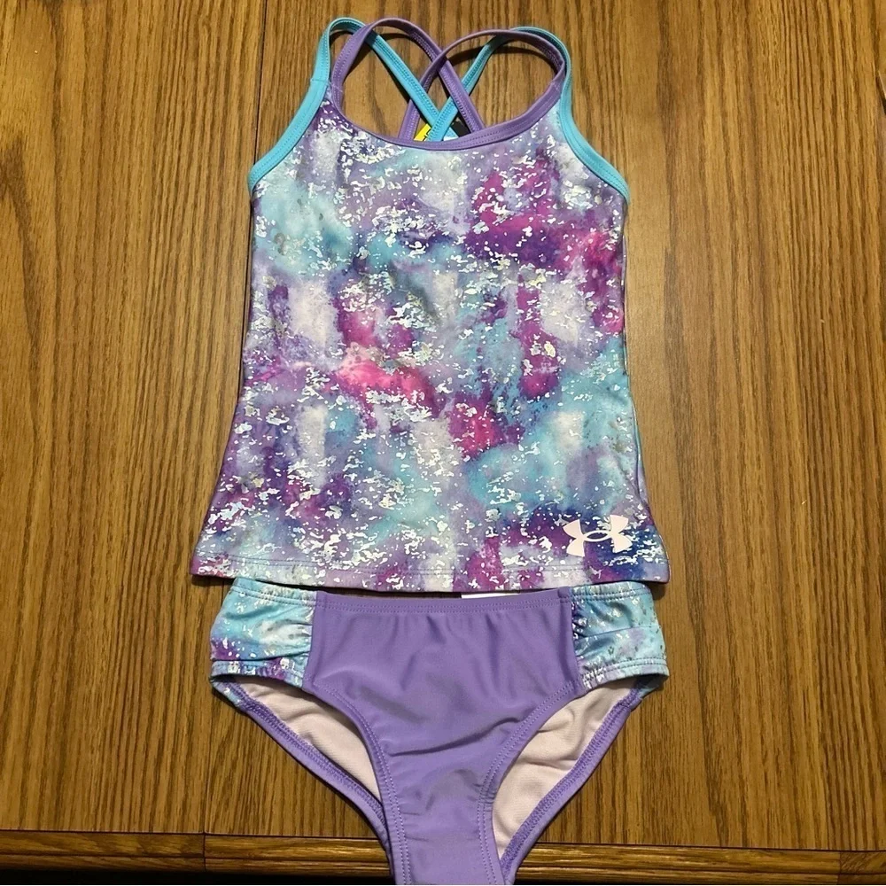 NWT Under Armour Girls 2 Piece Tankini Swimwear Set Vivid Purple Size 4